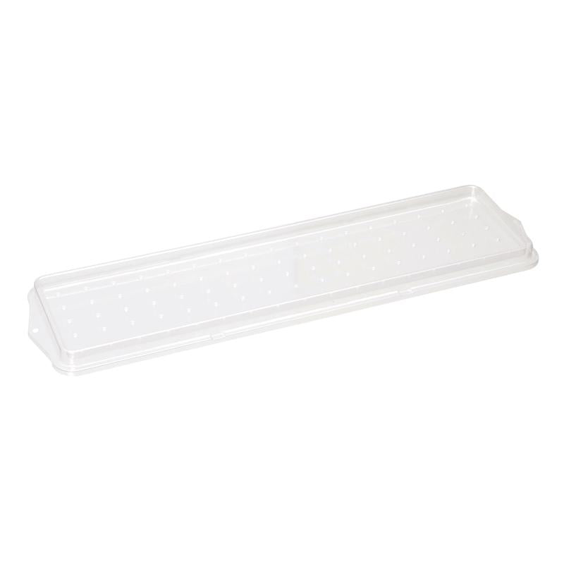 Das TASKI Vorbereitungssieb für Mopp-Boxen von Diversey Deutschland GmbH & Co. OHG ist ein durchsichtiger, rechteckiger Kunststoffdeckel mit erhöhtem Rand und kleinen Vertiefungen, der perfekt auf Mopp-Boxen passt und Ihren Reinigungsprozess optimiert.