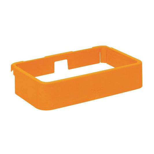 Ein rechteckiger, orangefarbener Kunststoff TASKI Rahmen für Säcke von Diversey Deutschland GmbH & Co. OHG, passend zu Tuchbox Halter 7517270/7517371, mit offener Oberseite und seitlichen Ausschnitten, ist auf weißem Hintergrund abgebildet. Packung: 1 Stück.