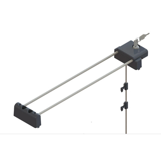 Das TASKI Schließsystem von Diversey Deutschland GmbH & Co. OHG ist ein Sicherheitskabelschloss mit zwei Stangen, Schlüsselschloss und verstellbaren Clips für abschließbare Reinigungswagen, alles mit einem Griff bedienbar und auf weißem Hintergrund abgebildet (1 Stück Packung).