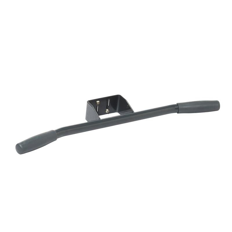 The TASKI small push handle, small grip from Diversey Deutschland GmbH & Co. OHG is a compact black metal handle with an ergonomic grip and rubberized ends, as well as a central bracket for easy wall or surface mounting. Package: 1 piece.