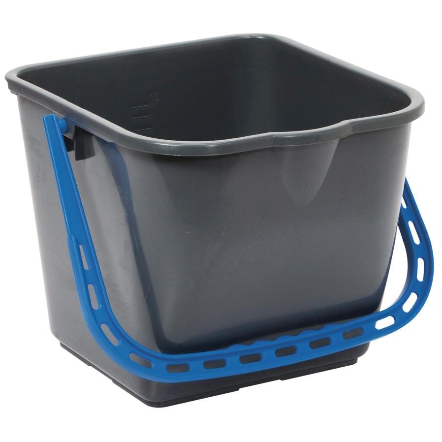 The TASKI Bucket 15L Blue from Diversey Deutschland GmbH & Co. OHG is a rectangular blue bucket with an internal scale, ideal for manual operation and cleaning. Package: 1 piece.
