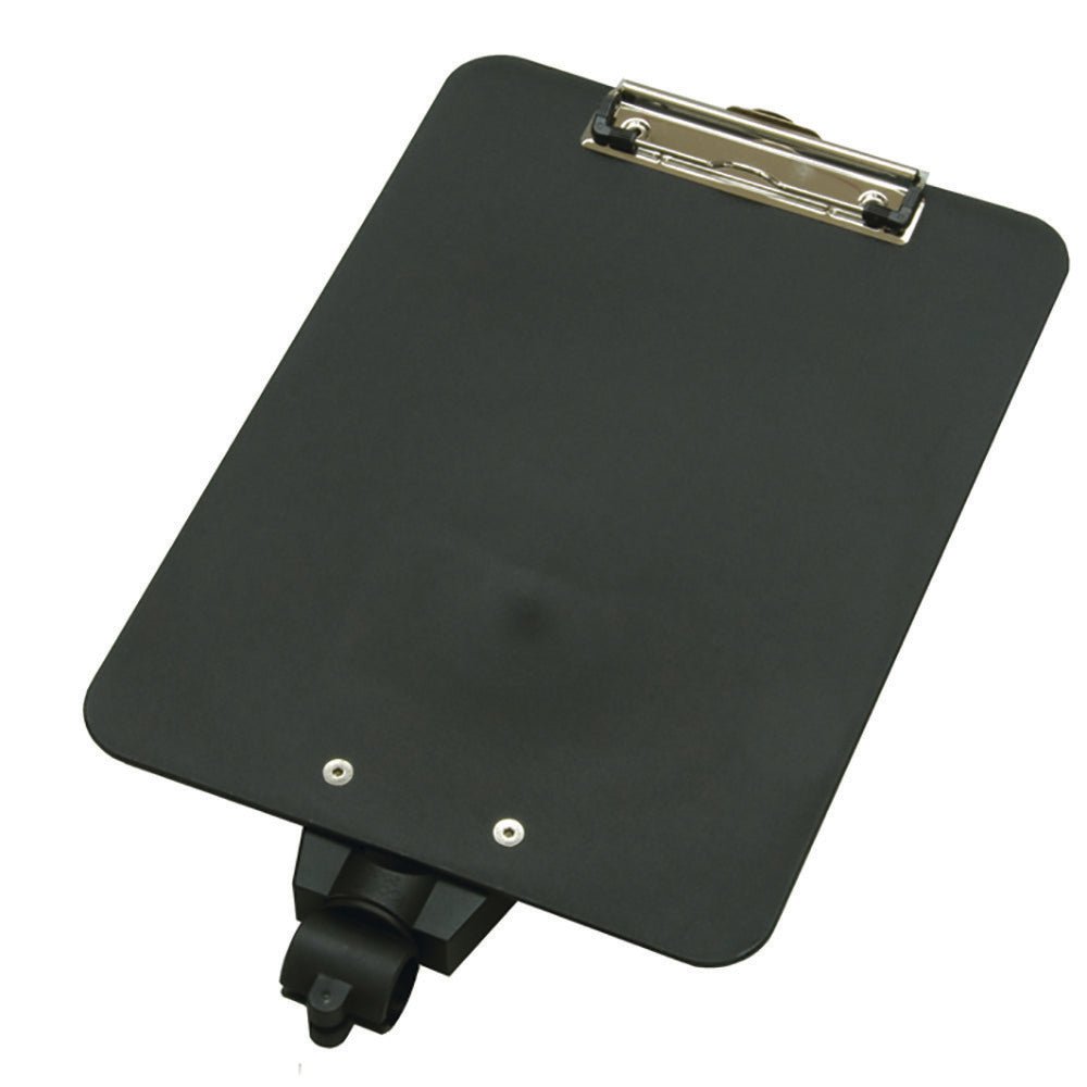 The TASKI document holder from Diversey Deutschland GmbH & Co. OHG features a silver metal clip and a swivel mount, suitable for all trolleys - ideal for commercial areas. Placed diagonally on a white background.