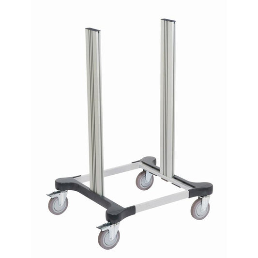 Das TASKI Fahrgestell Mini, Grundgestell mittel (1 Stück) von Diversey Deutschland GmbH & Co. OHG verfügt über vier Aluminiumsäulen, ein rechteckiges Grundgestell und Lenkrollen - ideal für professionelles Reinigungszubehör. Abgebildet auf einfarbig weißem Hintergrund.