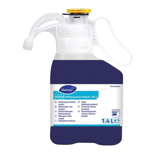 Diversey Suma Mehrzweckreiniger D2.3 SD, 1.4L, mit SmartDose System für die effektive Reinigung von Oberflächen, Böden, Glas und Geschirr; weiß/blaues Etikett, weißer Griff, gelber Deckel. Marke: Diversey Deutschland GmbH & Co. OHG.