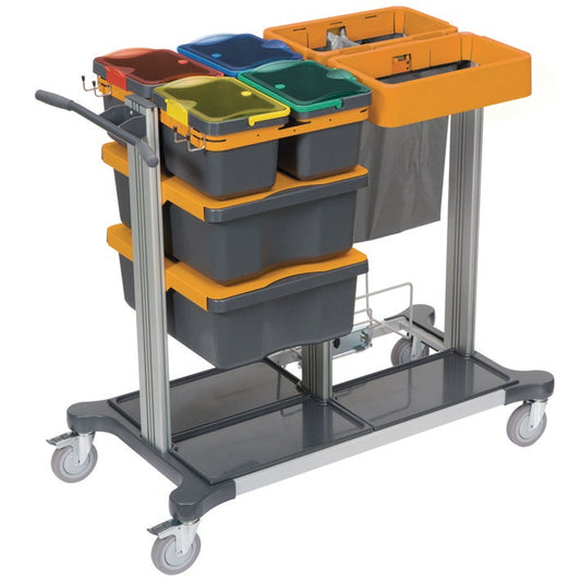 Der TASKI Midi Closed für Jonmaster von Diversey Deutschland GmbH & Co. OHG ist ein Reinigungswagen mit geschlossenen Schubladen für optimale Hygiene, ideal zum Vorbefeuchten von Reinigungstextilien, und verfügt über vier Räder für einfache Mobilität.