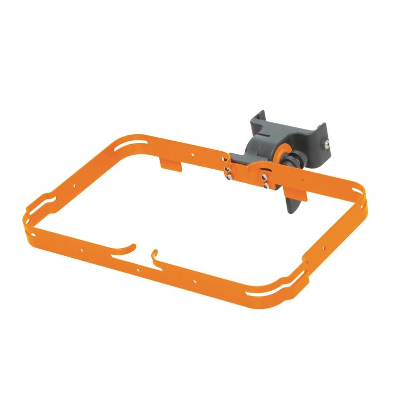 The TASKI cloth box holder with connector from Diversey Germany is an orange metal frame with rounded corners, designed for space-saving attachment of cloth boxes, laundry bags, or garbage bags to a gray mounting holder.