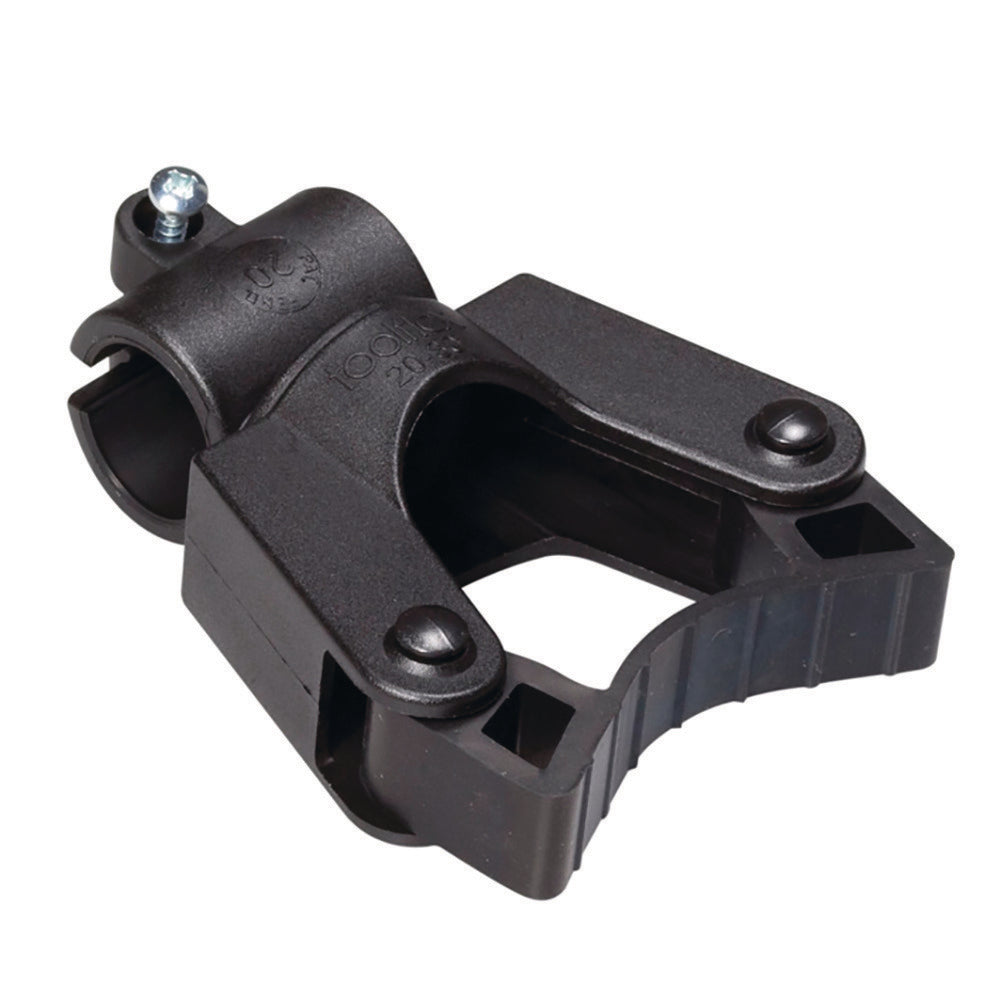 Der TASKI Stielhalter für Rohrbefestigung (20 mm) von Diversey Deutschland GmbH & Co. OHG ist eine schwarze Kunststoffschelle mit strukturiertem Griff, abgerundetem Scharnier und Metallbolzen - ideal für die manuelle Rohrbefestigung (Packung: 1 Stück).