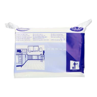 Eine Packung Suma Lavette Küchenhygienetuch mit Keimstopp von Diversey Deutschland GmbH & Co. OHG weist auf der Vorderseite ein blau-weißes Design, eine Küchenillustration, ein Branding, Hygienevorteile und Entsorgungshinweise auf.