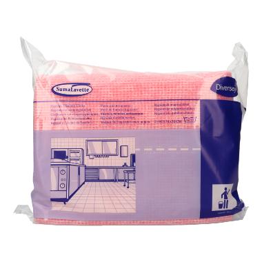 Eine versiegelte Packung Suma Lavette – Küchenhygienetuch mit Keimstopp von Diversey Deutschland GmbH & Co. OHG zeigt auf der Vorderseite lila-rosa Grafiken, eine Küchenillustration, das Keimstopp-Symbol und Produktinformationen.