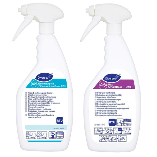 Zwei weiße Leerflaschen für Suma SmartDose D2.3 und Suma Bac D10 (750 ml, Diversey Deutschland) mit blauen Etiketten und klaren Anweisungen sind abgebildet; links D2.3, rechts Bac D10. Karton enthält 6 Flaschen mit passenden Etiketten.