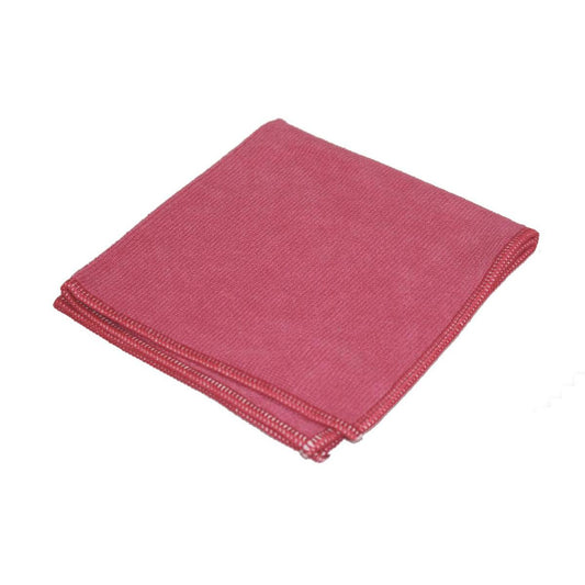 Ein rotes TASKI Jonmaster Ultra Cloth XL Reinigungstuch 40 x 40 cm von Diversey Deutschland GmbH & Co. OHG ist ordentlich gefaltet auf weißem Hintergrund abgebildet, wobei die sichtbaren Overlockkanten das strapazierfähige Mikrofaserdesign hervorheben.