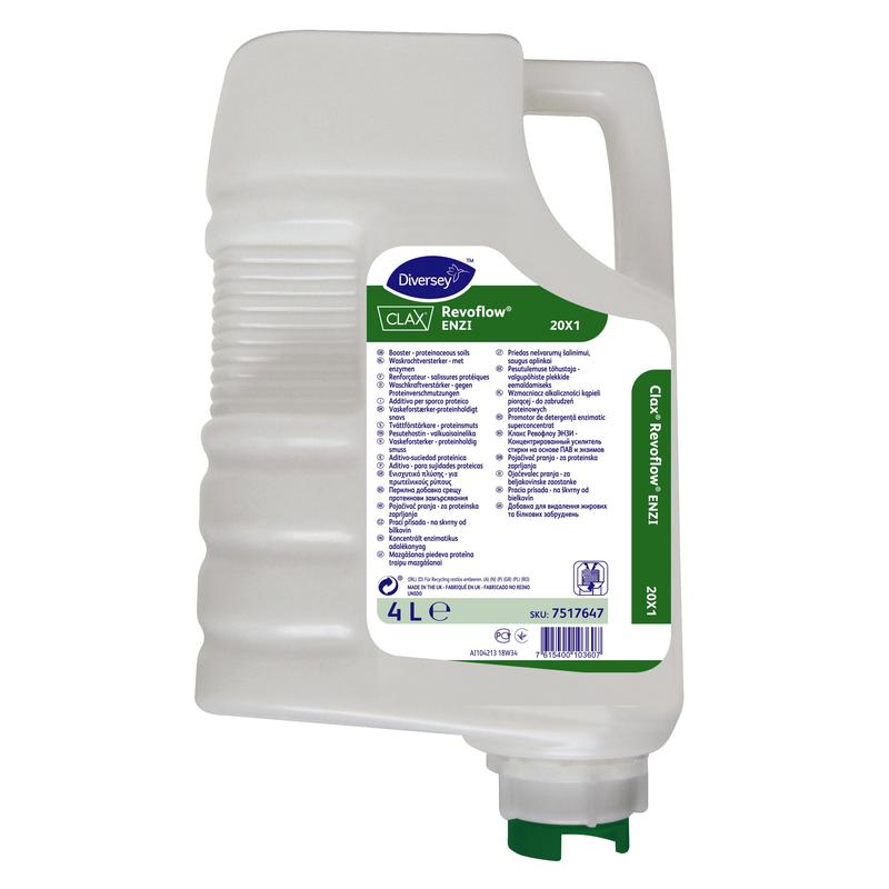 Eine 4-Liter-Kartusche Diversey Clax Revoflow ENZI 20X1, ein hochkonzentriertes, phosphatfreies Tensid/Enzym-Booster für das Revoflow-System der Diversey Deutschland GmbH & Co. OHG.