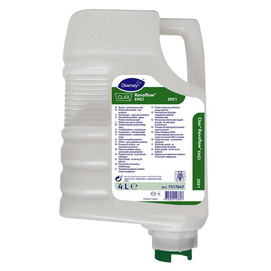 Eine 4-Liter-Kartusche Diversey Clax Revoflow ENZI 20X1, ein hochkonzentriertes, phosphatfreies Tensid/Enzym-Booster für das Revoflow-System der Diversey Deutschland GmbH & Co. OHG.