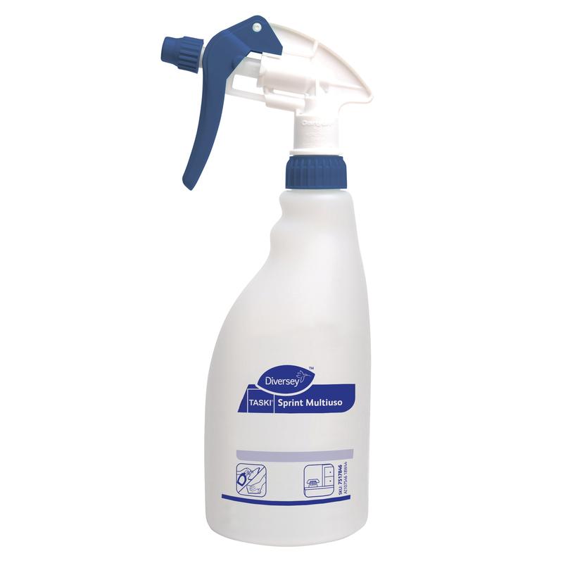 Eine weiße 0,5L Triggersprayflasche mit blauem Sprühkopf und Verschluss von Diversey Deutschland GmbH & Co. OHG, beschriftet mit "Sprint Multiuso". Konzipiert für die Mehrzweckreinigung; das Etikett enthält Symbole für die Gebrauchsanweisung.