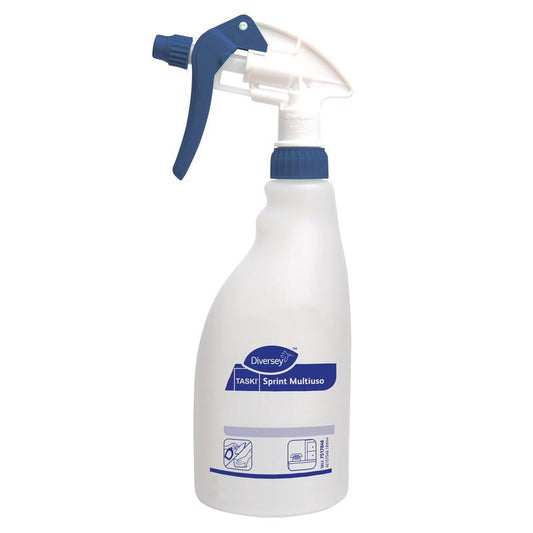 Eine weiße 0,5L Triggersprayflasche mit blauem Sprühkopf und Verschluss von Diversey Deutschland GmbH & Co. OHG, beschriftet mit "Sprint Multiuso". Konzipiert für die Mehrzweckreinigung; das Etikett enthält Symbole für die Gebrauchsanweisung.