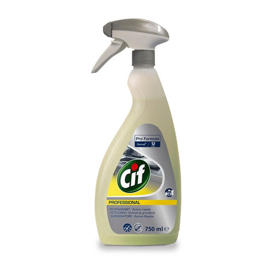 Eine 750-ml-Flasche Cif Professional Fettlöser von Diversey, starker Fettlöser für die Küche, parfümfrei, mit einer grauen Abzugsdüse und einem mehrsprachigen Etikett mit Abbildungen von Küchengeräten.