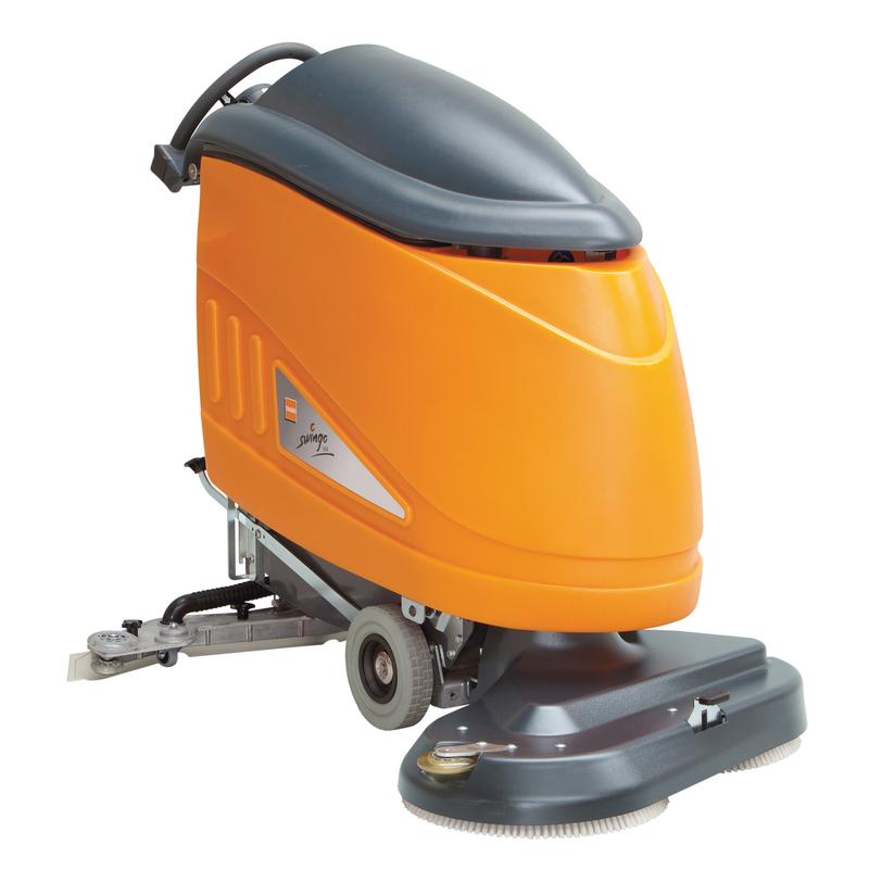 Die TASKI swingo 1850 BMS von Diversey Deutschland ist eine orange-graue akkubetriebene Scheuersaugmaschine mit Antriebsrädern, Lenker, IntelliFlow, W-förmiger Saugdüse, integriertem Ladegerät und 4×6V-180Ah-Akkus für die effiziente Reinigung mittelgroßer Flächen.