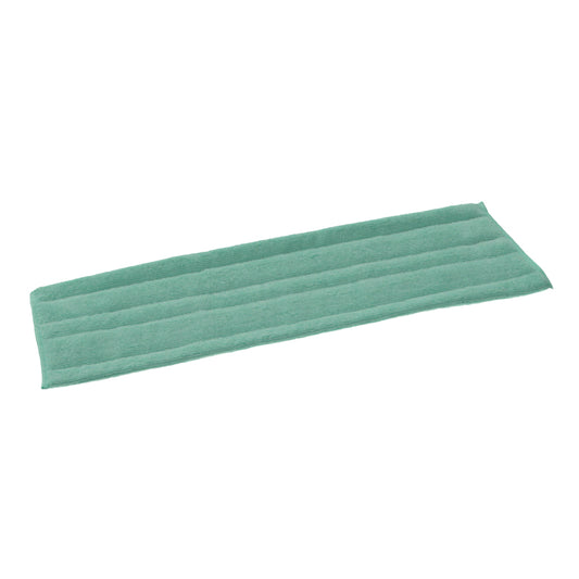 Ein rechteckiger grüner TASKI Jonmaster Standard Dry Mop Klett-Mikrofaserbezüge von Diversey Deutschland GmbH & Co. OHG mit waagerechten Nähten und sicherem Klettverschluss, flach auf weißem Hintergrund abgebildet.