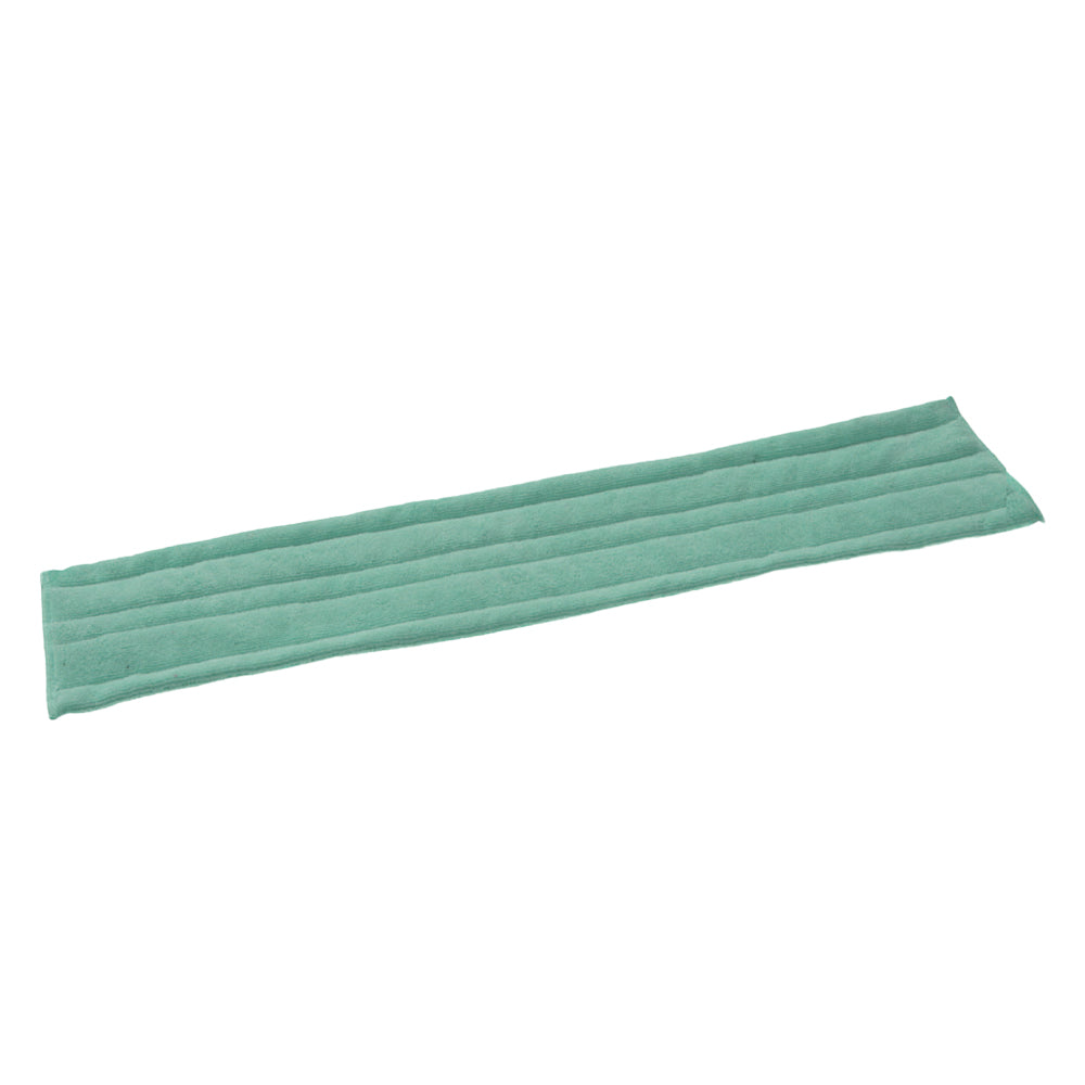 A rectangular, green TASKI Jonmaster Standard Dry Mop hook-and-loop microfiber cover from Diversey Deutschland GmbH & Co. OHG with parallel quilt lines and hook-and-loop fastener is placed on a white background.