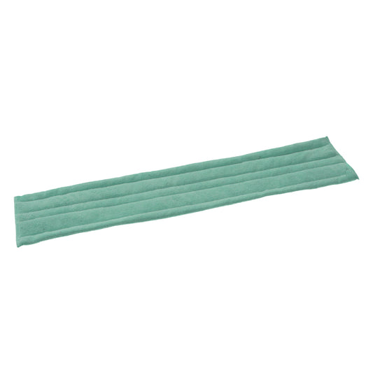 Ein rechteckiger, grüner TASKI Jonmaster Standard Dry Mop Klett-Mikrofaserbezüge von Diversey Deutschland GmbH & Co. OHG mit parallelen Stepplinien und Klettverschluss ist auf weißem Untergrund platziert.