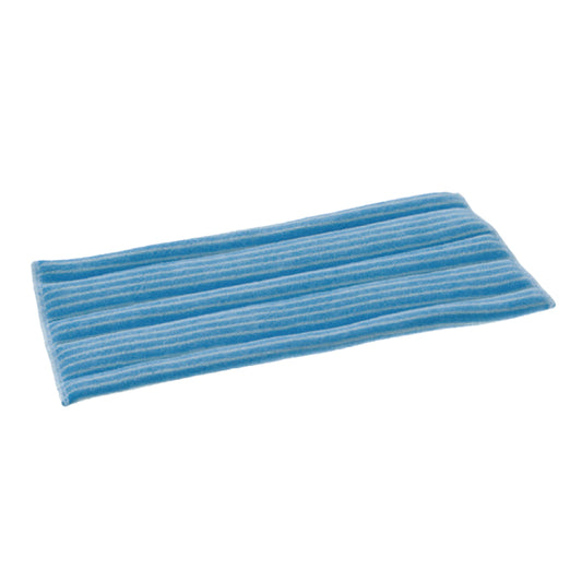 Der TASKI Jonmaster Standard Damp Mop Klett-Mikrofaserbezüge von Diversey Deutschland GmbH & Co. OHG ist ein rechteckiges blaues Mikrofaser-Reinigungspad mit dünnen weißen Streifen, das für eine effiziente Reinigung konzipiert ist und flach auf weißem Hintergrund abgebildet ist.
