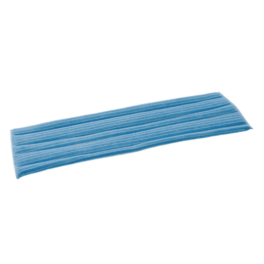 Der TASKI Jonmaster Standard Damp Mop Klett-Mikrofaserbezüge der Diversey Deutschland GmbH & Co. OHG ist ein rechteckiges blau-weiß gestreiftes Reinigungspad mit Mikrofasertechnologie, das flach auf weißem Hintergrund liegt.