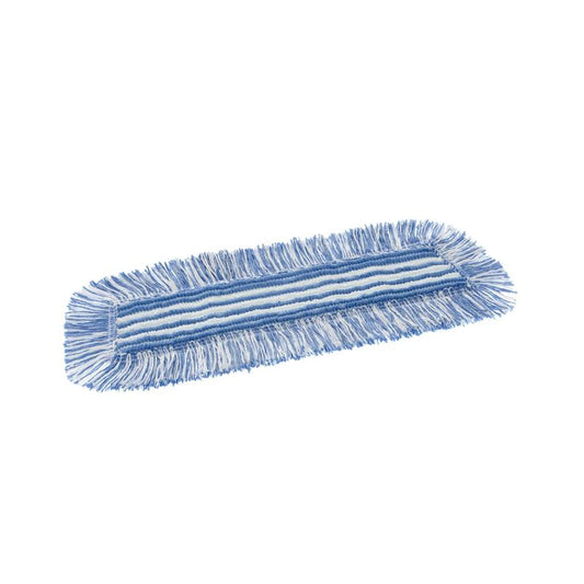 Der TASKI Jonmaster Standard HD Damp Mop Klett-Mikrofaserbezug von Diversey Deutschland GmbH & Co. OHG ist ein rechteckiger, blau-weißer Moppkopf mit Fransenrändern für effiziente Reinigung dank langlebiger Mikrofasertechnologie.
