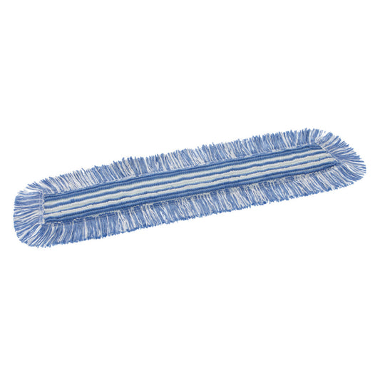 Der TASKI Jonmaster Standard HD Damp Mop Klett-Mikrofaserbezüge von Diversey Deutschland GmbH & Co. OHG ist ein rechteckiger blau-weißer Mikrofaser-Moppkopf mit Fransenkanten für effizientes Reinigen, abgebildet auf weißem Hintergrund.