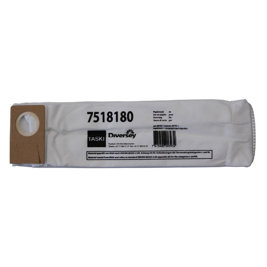 Ein weißer Einwegvliesbeutel Staubsaugerbeutel von Diversey Deutschland GmbH & Co. OHG, mit Kartonaufsatz und Produktinformation, für Jet 38/50; 10er-Pack (Karton) ideal für die Reinigung.