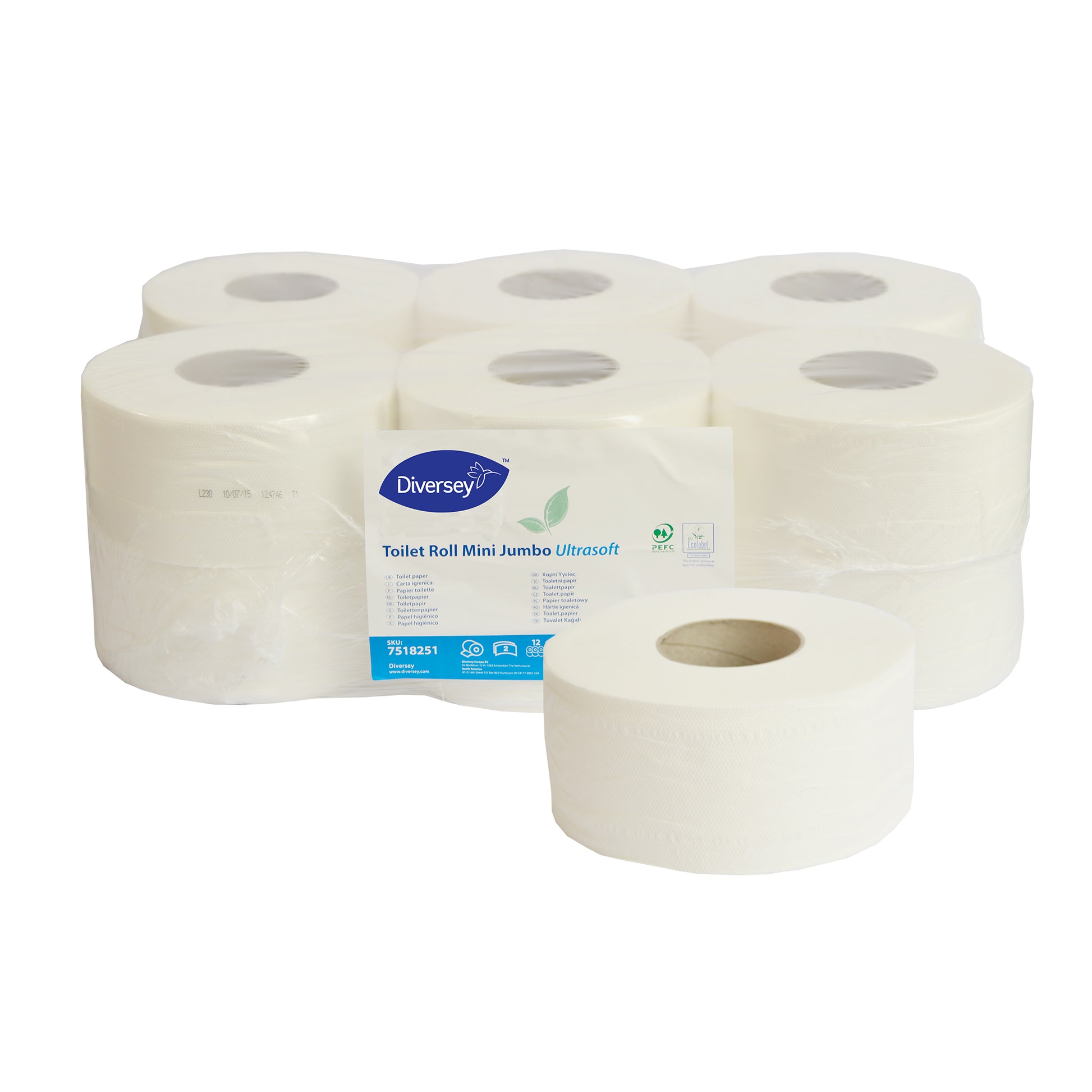 Eine Packung mit 12 weißen, 2-lagigen Ultrasoft Mini Jumbo Toilettenpapierrollen (145m/Rolle), umweltzertifiziert, von Diversey Deutschland GmbH & Co. OHG. Packung zeigt Produktinformation; eine Rolle ist vorangestellt.