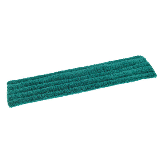 Ein rechteckiger grüner TASKI Jonmaster Ultra Dry Mop Klett-Mikrofaserbezug von Diversey Deutschland GmbH & Co. OHG mit einer strukturierten Mikrofaseroberfläche ist flach auf einem weißen Hintergrund liegend abgebildet.