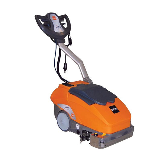 Die TASKI swingo 350 E von Diversey ist eine kleine, netzbetriebene Scheuersaugmaschine für kleine und überstellte Flächen mit großem Griff, zwei Rädern, sichtbarem Netzkabel sowie einem beschrifteten Bedienfeld und frontseitiger Bürste.