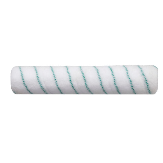Die Aktivfaser-Padwalze 38 cm Mikrofaserwalze von Diversey Deutschland GmbH & Co. OHG, konzipiert für den swingo 350, ist ein weißer zylindrischer Mikrofaserwalzenbezug mit diagonalen grünen Streifen, abgebildet auf einem einfarbig weißen Hintergrund. Packung: 1 Stück.