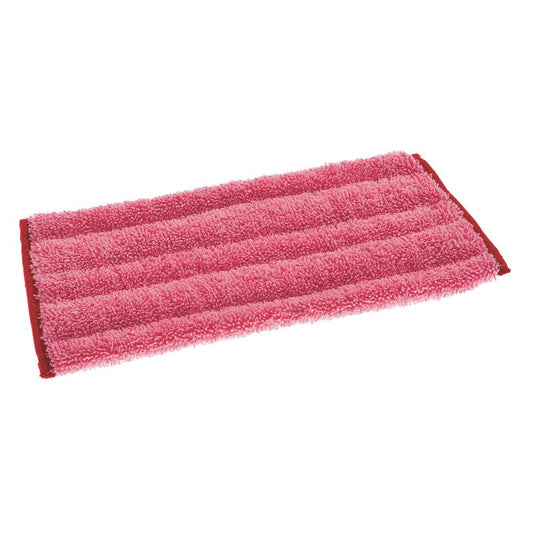 Ein rechteckiger rosafarbener TASKI Jonmaster Ultra Damp Mop, rot von Diversey Deutschland GmbH & Co. OHG, mit roten Rändern, liegt flach auf einem weißen Hintergrund. Entwickelt für die hygienische Reinigung in professionellen Reinigungsumgebungen.