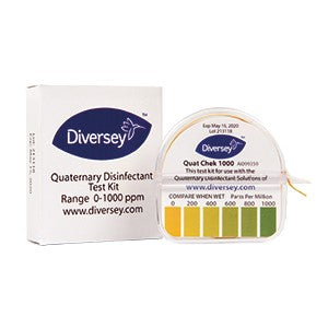 Das Diversey QUAT Test Kit, 1 Stk. von Diversey Deutschland GmbH & Co. OHG besteht aus einer weißen Box und einem runden Teststreifenbehälter mit einer Farbkarte, die die QUAT-Konzentrationsbereiche von 0 bis 1000 ppm anzeigt.