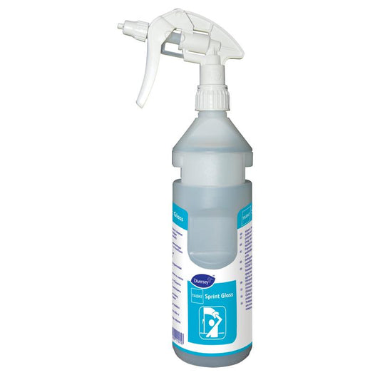 Eine 0,75-L-Kunststoffsprühflasche mit der Aufschrift "Flaschenkit Sprint Glass conc DvF" von Diversey Deutschland GmbH & Co. OHG enthält einen weißen Auslöser, blaue Flüssigkeit, eine Anleitung, eine Glasreinigungsgrafik und ist nachfüllbar für Divermite und DQFM.