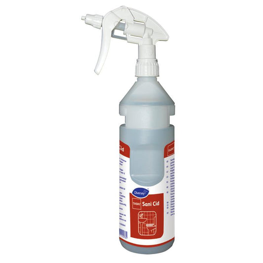 Klare 0,75l Flaschenkit Sani Cid conc Nachfüllflasche mit Spenderband von Diversey Deutschland GmbH & Co. OHG, geeignet für Divermite- und DQFM-Systeme. Etikettiert mit Produktinformation und Gebrauchsanweisung. Enthält 1 Flasche.