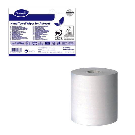 Unter dem Produktetikett ist eine weiße 2-lagige Handtuch-/Wischtuchrolle aus Zellulose für Autocut-Spender von Diversey Deutschland GmbH & Co. OHG zu sehen; sie ist umweltzertifiziert und misst 150m pro Rolle (Ø 180mm).