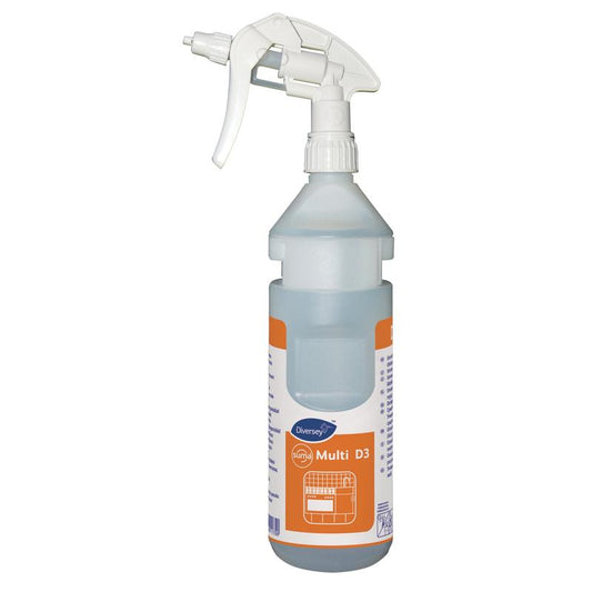 Klare 0,75L Kunststoff-Nachfüllflasche von Diversey Deutschland GmbH & Co. OHG, mit weißer Abzugsdüse und orange-weißem Etikett, für Suma Multi D3 conc-inklusive Spenderband, passend für Divermite und DQFM Systeme.