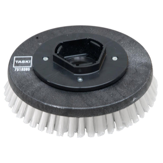 Eine runde schwarze Kunststoff Scheuerbürste Nylon (28 cm) von Diversey Deutschland GmbH & Co. OHG, mit steifen weißen Borsten, passend für swingo 955/1255/2100/5000 zur gründlichen Reinigung - Standardscheuerbürste, 1 Stück pro Packung.