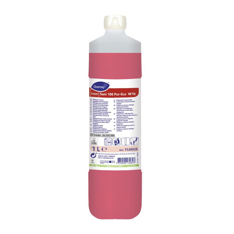 Eine 1-Liter-Flasche TASKI Sani 100 Neutraler Sanitärreiniger der Diversey Deutschland GmbH & Co. OHG verfügt über einen weißen Deckel, rote Flüssigkeit und ein Etikett mit Gebrauchsanweisungen, Symbolen und Produktdetails für die hygienische Sanitärreinigung.