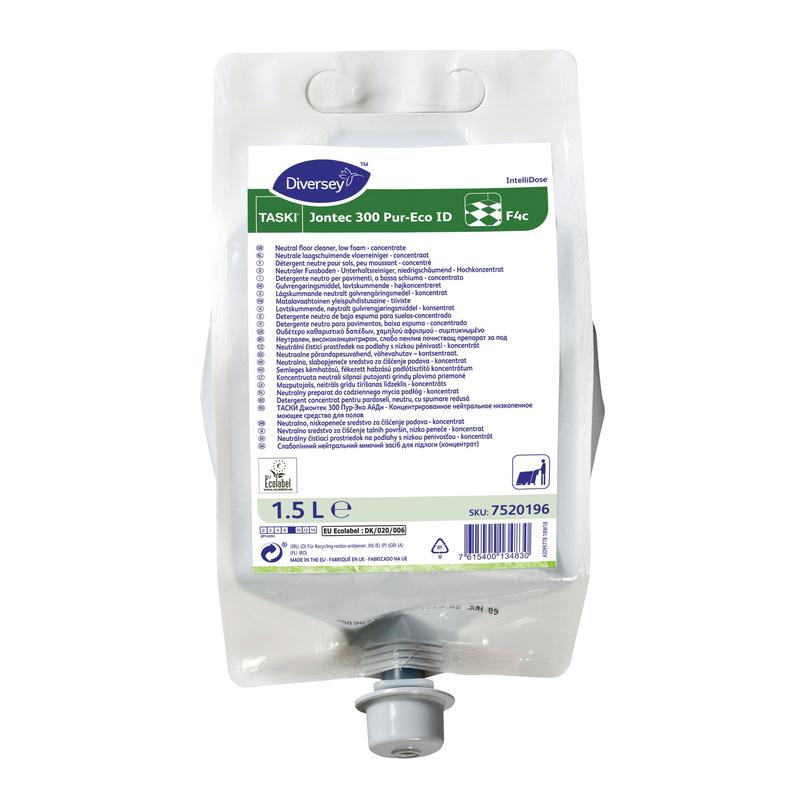 Ein 1,5-Liter-Kunststoffbeutel TASKI Jontec 300 Pur-Eco Bodenreiniger Hochkonzentrat von Diversey Deutschland GmbH & Co. OHG, mit grauer Dosierkappe und Produktinformationen auf dem Vorderetikett.