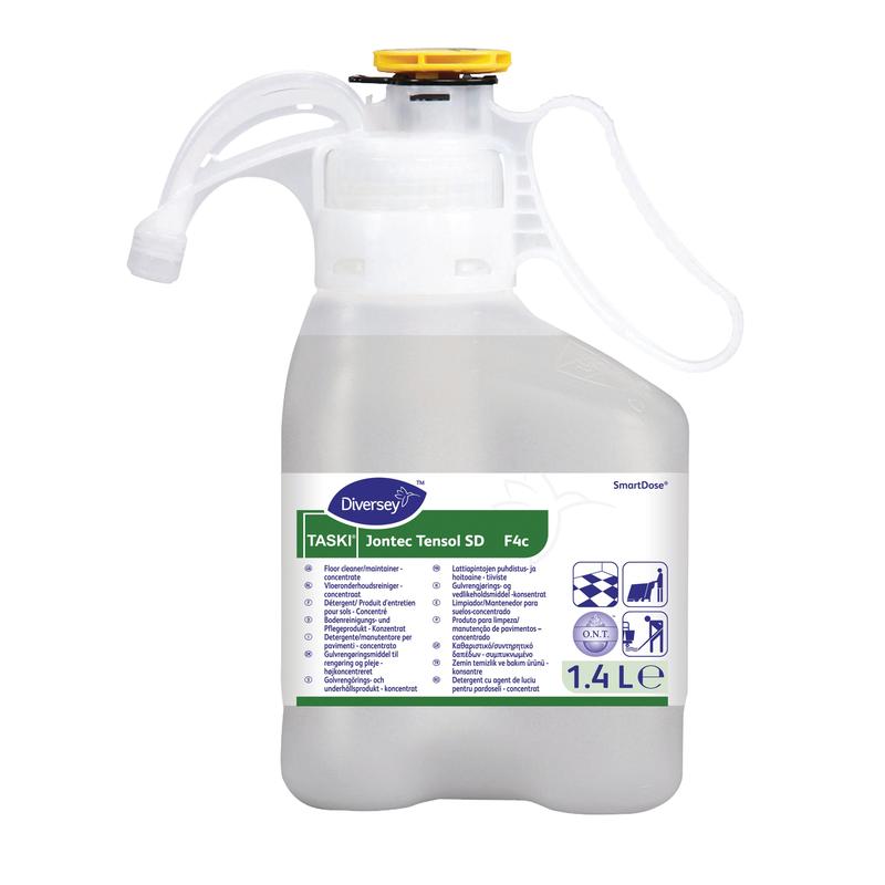 Ein 1,4-Liter-TASKI Jontec Tensol Hochkonzentrat-Reiniger von Diversey Deutschland GmbH & Co. OHG mit SmartDose-System, Griff und Ausguss, konzipiert für die professionelle Oberflächen- und Bodenreinigung.