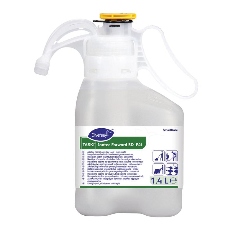 Ein 1,4-Liter-Kunststoffbehälter der Diversey Deutschland GmbH & Co. OHG TASKI Jontec Forward Fußbodenreiniger Hochkonzentrat, mit weißem Körper, grünem Etikett, gelber Kappe, Dosiergriff, Gebrauchsanleitung und Reinigungssymbolen.