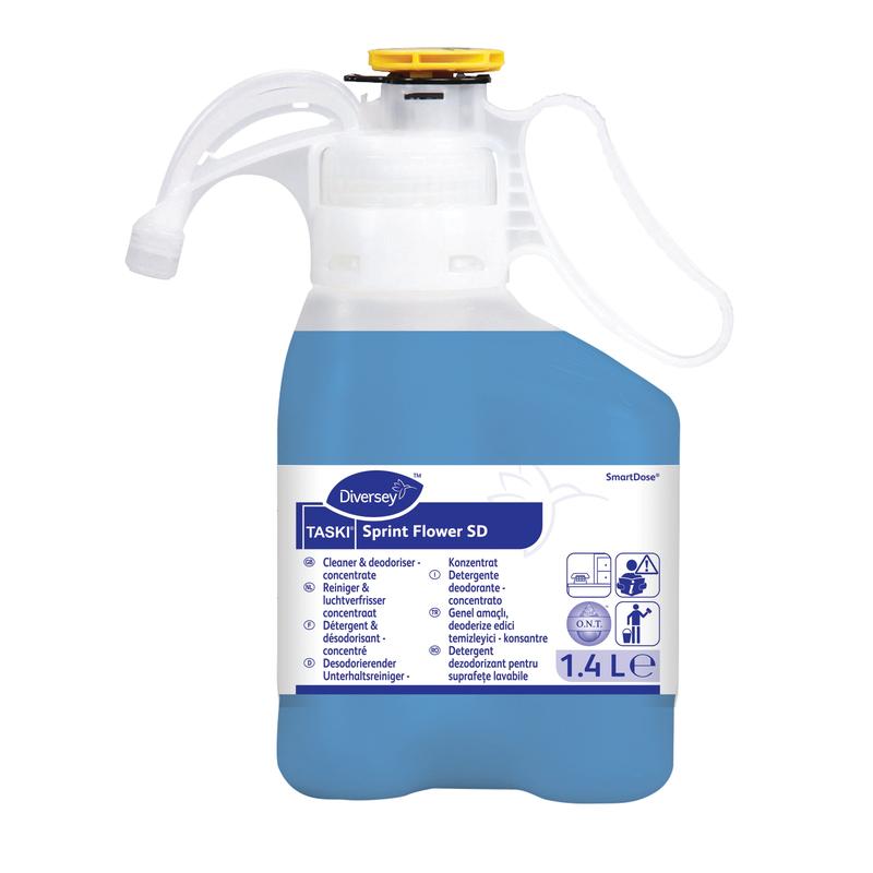 A 1.4-liter bottle of Diversey TASKI Sprint Flower SD deodorizing maintenance cleaner (blue liquid) is equipped with a handle, a nozzle, and a multilingual label. Brand: Diversey Deutschland GmbH & Co. OHG.