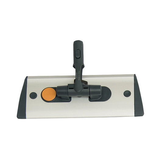 The TASKI Jonmaster UltraPlus aluminum mop holder from Diversey Deutschland GmbH & Co. OHG features a metallic silver, rectangular base, a central handle attachment, an orange button, and black end caps—perfect for professional cleaning.