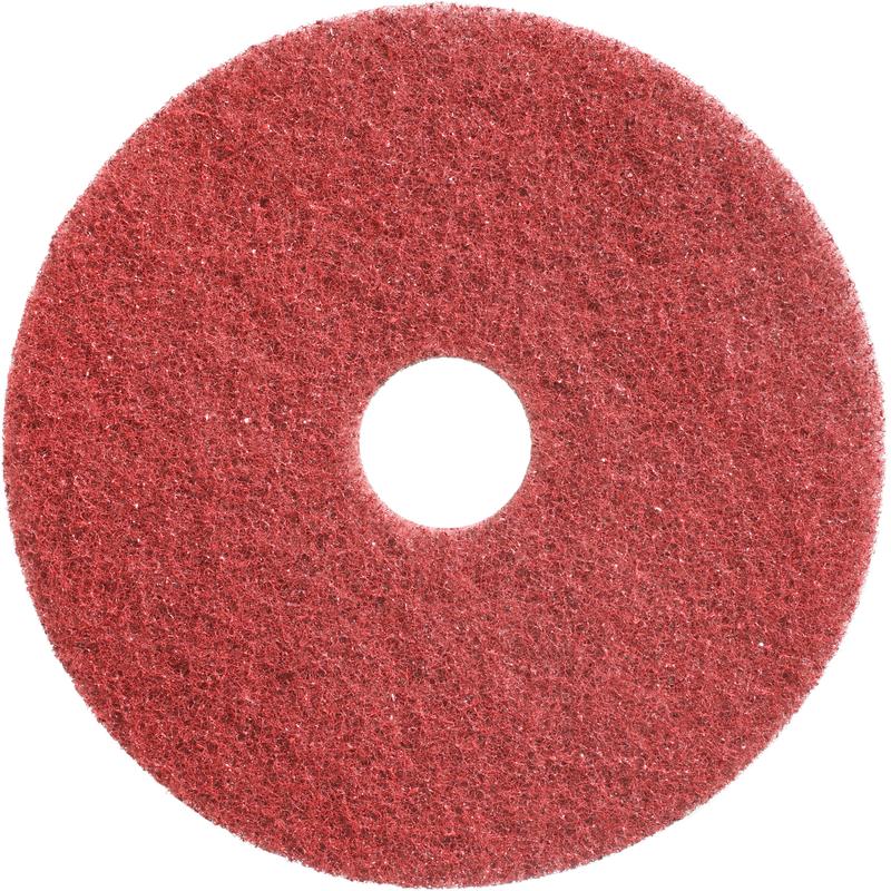 Das Twister Pad, Scheuer- und Tiefenreinigungspad, rot von Diversey Deutschland GmbH & Co. OHG ist ein rotes, rundes Bodenpolierpad mit grober Struktur und Mittelloch für die professionelle Tiefenreinigung, abgebildet von oben auf weißem Grund.