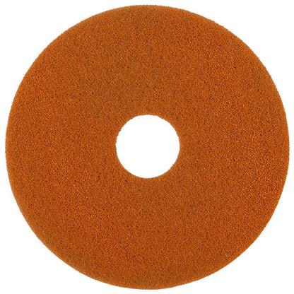 The Twister Pad orange for stone floors by Diversey Deutschland GmbH & Co. OHG is a round, orange floor pad with a rough texture and a large central hole for cleaning stone floors using microscopic diamonds, viewed from above on a white background.