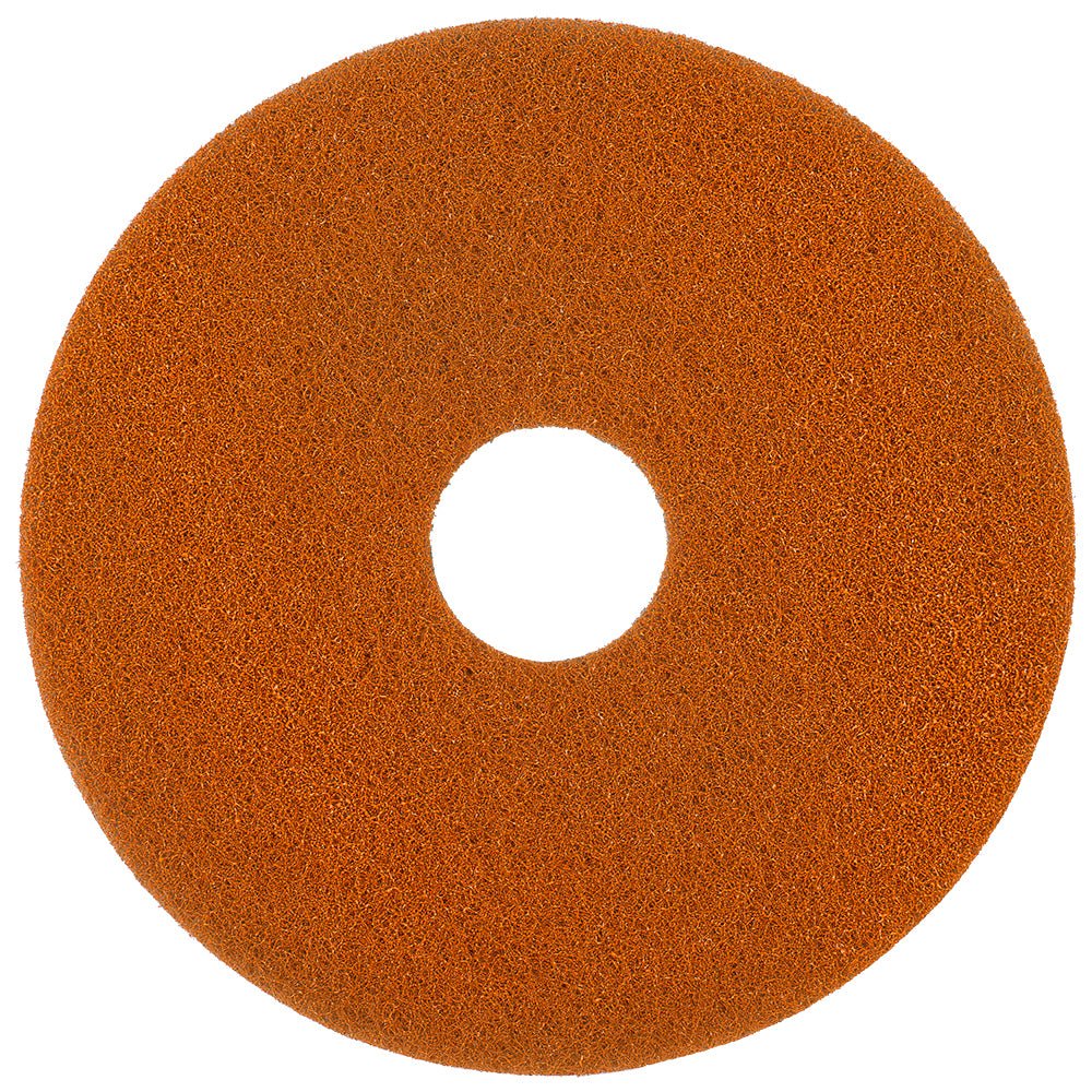 The Twister Pad orange for stone floors by Diversey Deutschland GmbH & Co. OHG has a rough texture, a central hole, and uses microscopic diamonds for cleaning stone floors; depicted from above on a white background.