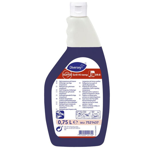 Eine 0,75-Liter-Flasche Suma Grillreiniger Hi-temp D9.8 von Diversey Deutschland GmbH & Co. OHG mit weißem Deckel, blau-orangem Etikett und SKU: 7521437 - ideal für Profiküchen gegen hartnäckige Verschmutzungen.
